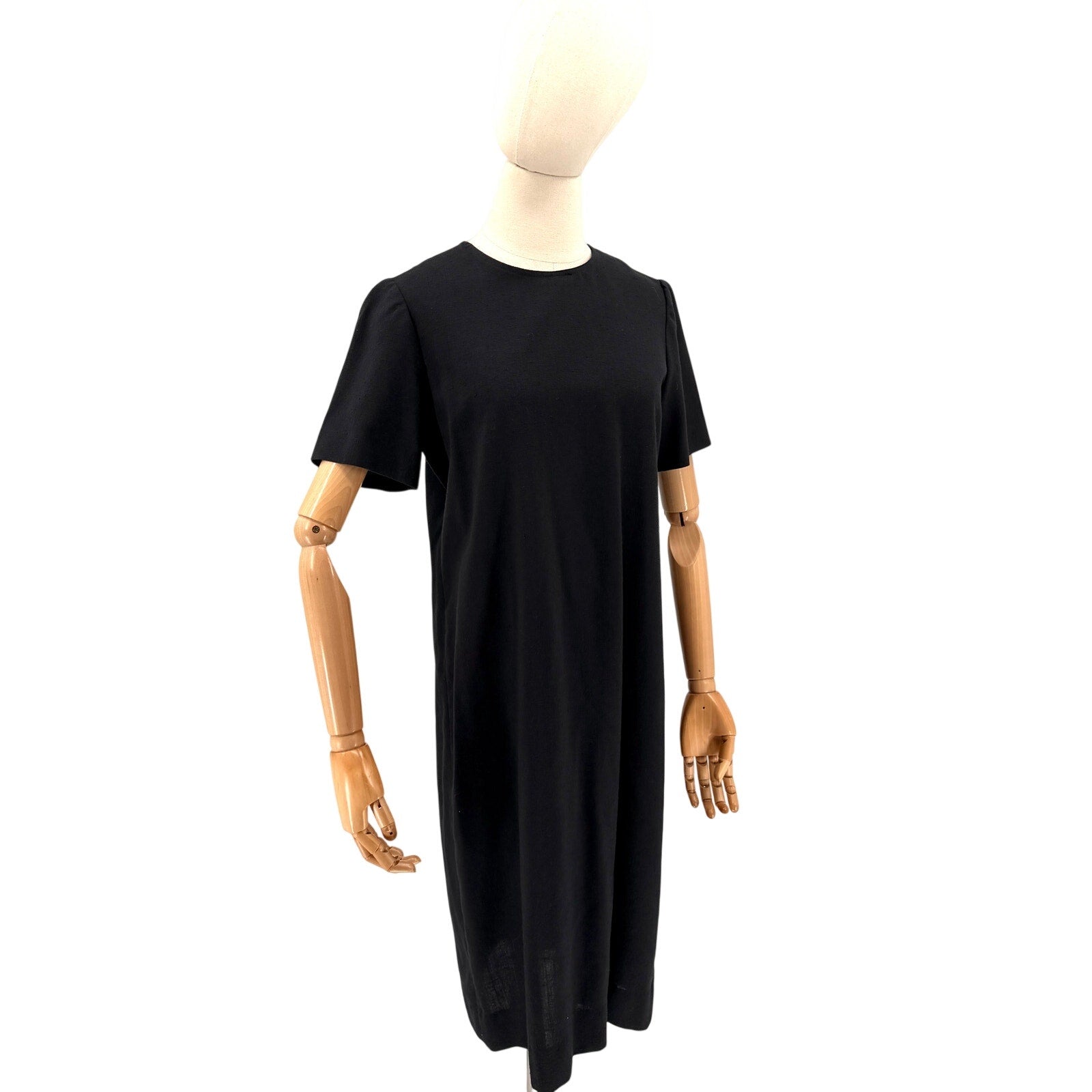 Vintage 60s Leslie Fay Black Mod Linen Blend Short Sleeve Shift Dress