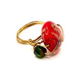 Vintage 90s Gold Wire Wrapped Red Foil Glass Bead Ring