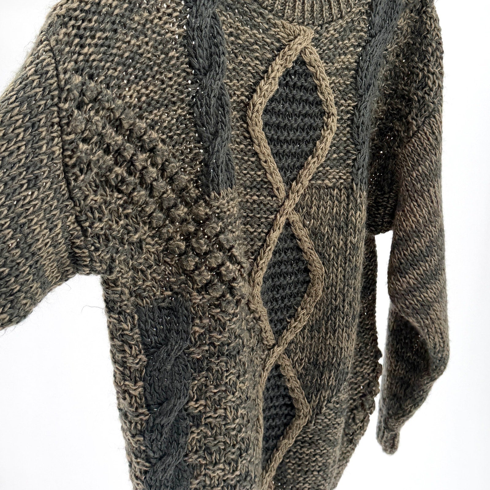 Vintage 90s Peter England Black Brown Textured Cable Knit Handmade Sweater