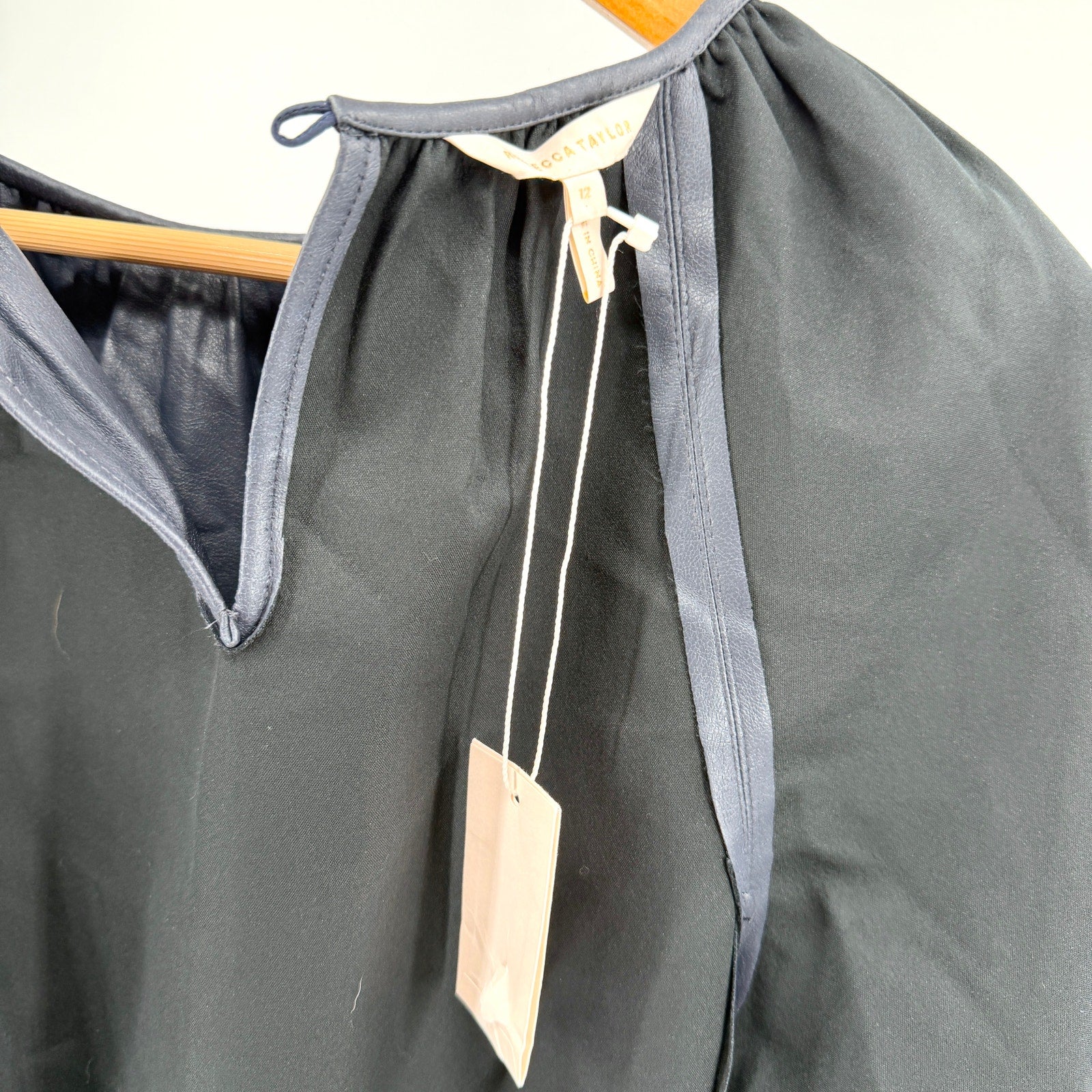 Rebecca Taylor Navy Blue Vegan Leather Silk Lined Puff Sleeve Top