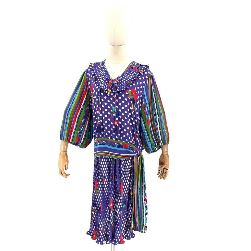 Vintage 80s Diane Freis Purple Periwinkle Polka Dot Maximalist Blouse Skirt Set