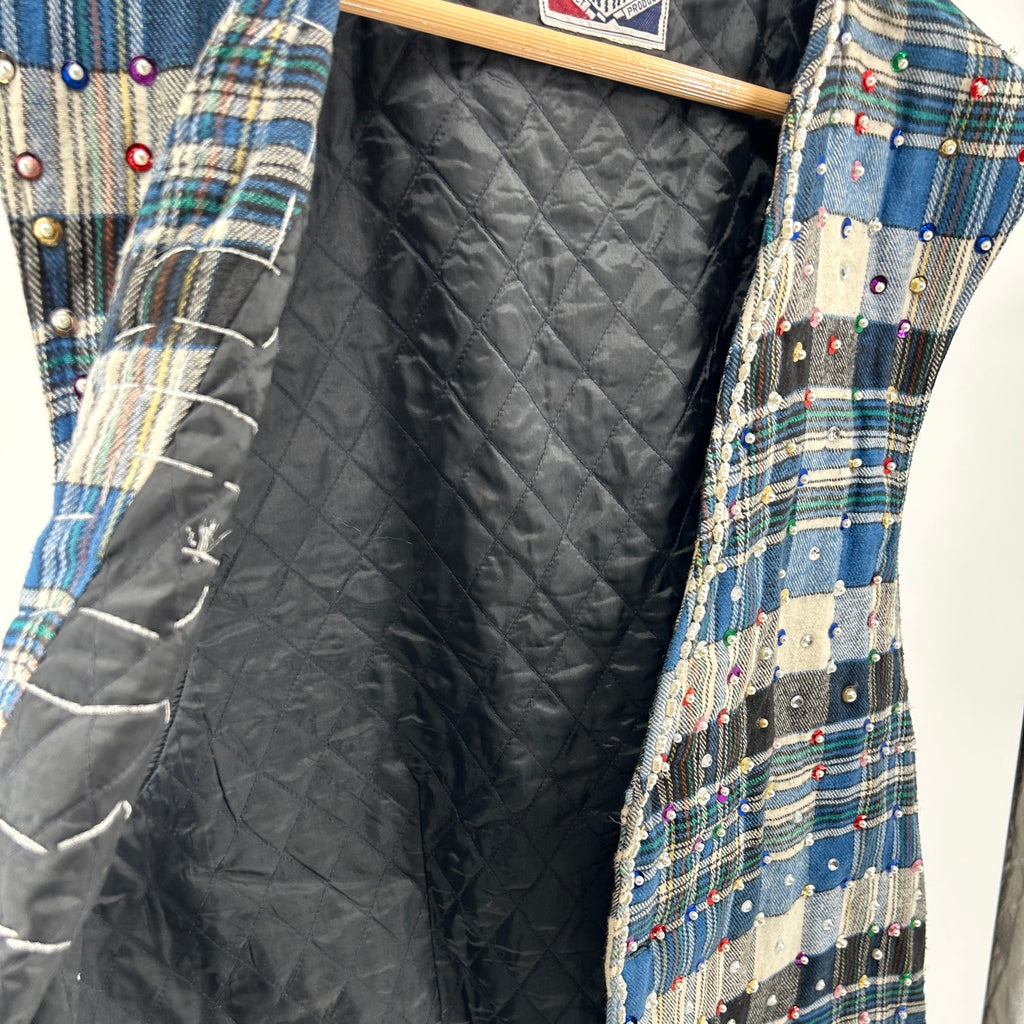Vintage 90s South Central Blue Plaid Jeweled Pearl Embellished Flannel Vest