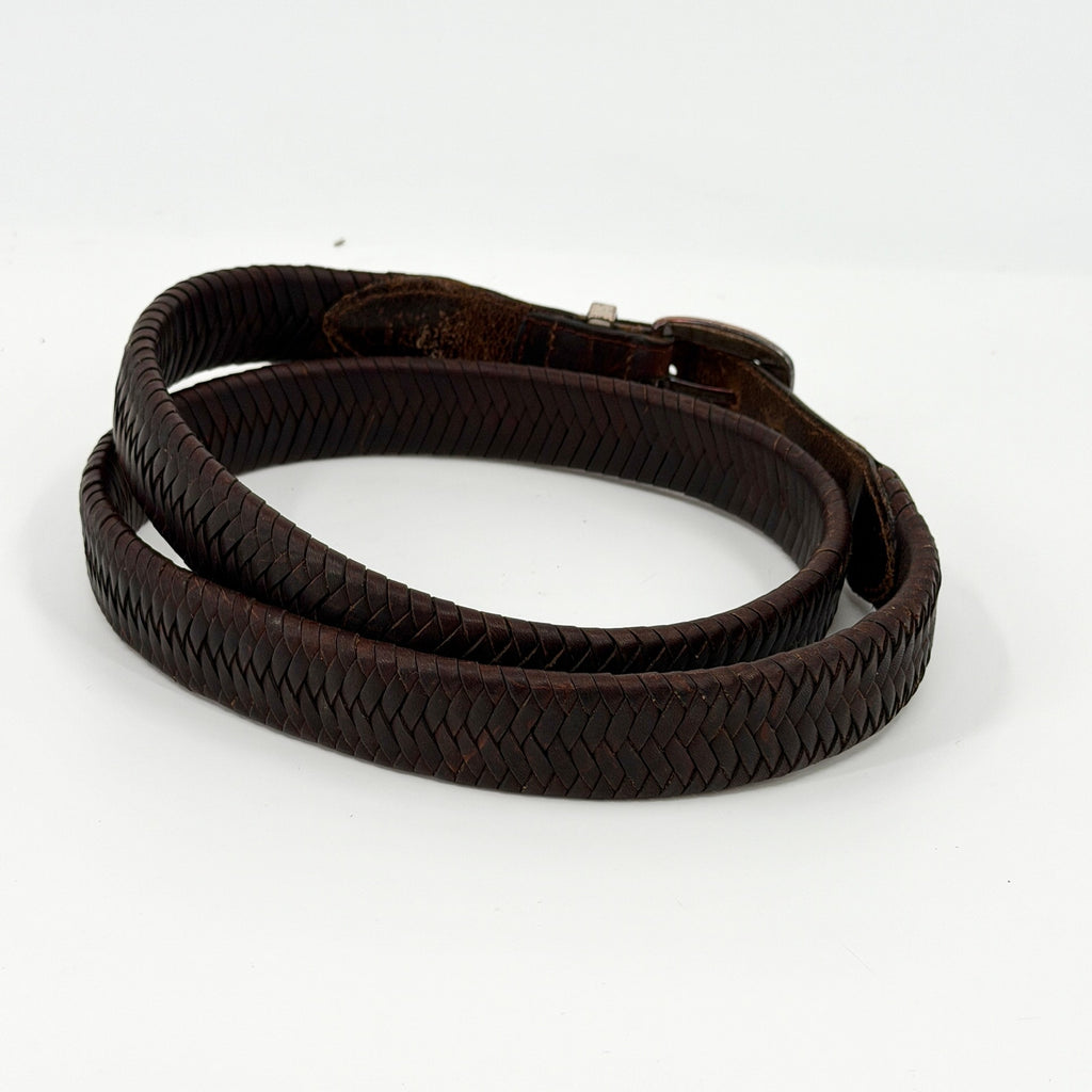 Vintage 90s Brown Genuine Leather Western Woven Silver Tip Belt