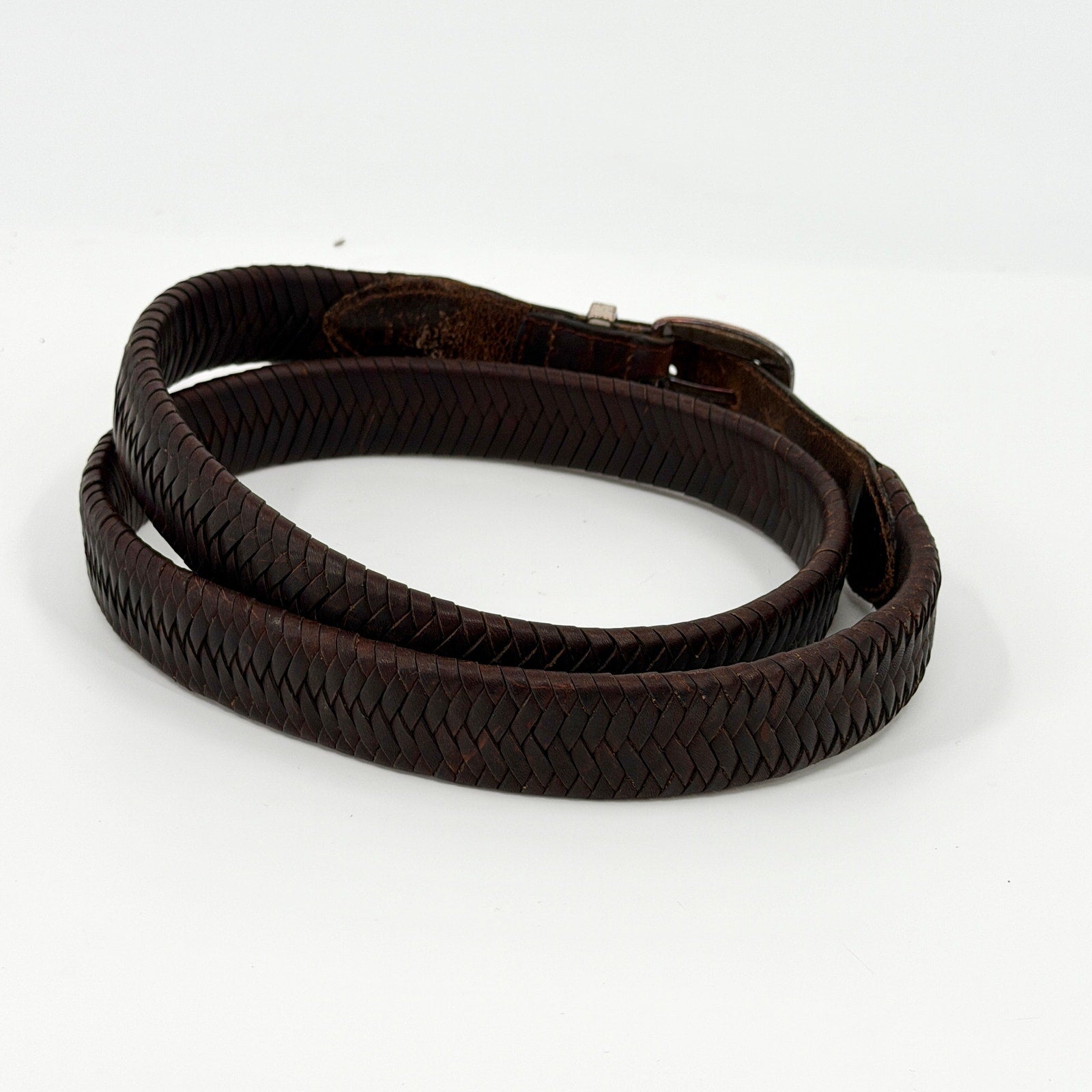 Vintage 90s Brown Genuine Leather Western Woven Silver Tip Belt
