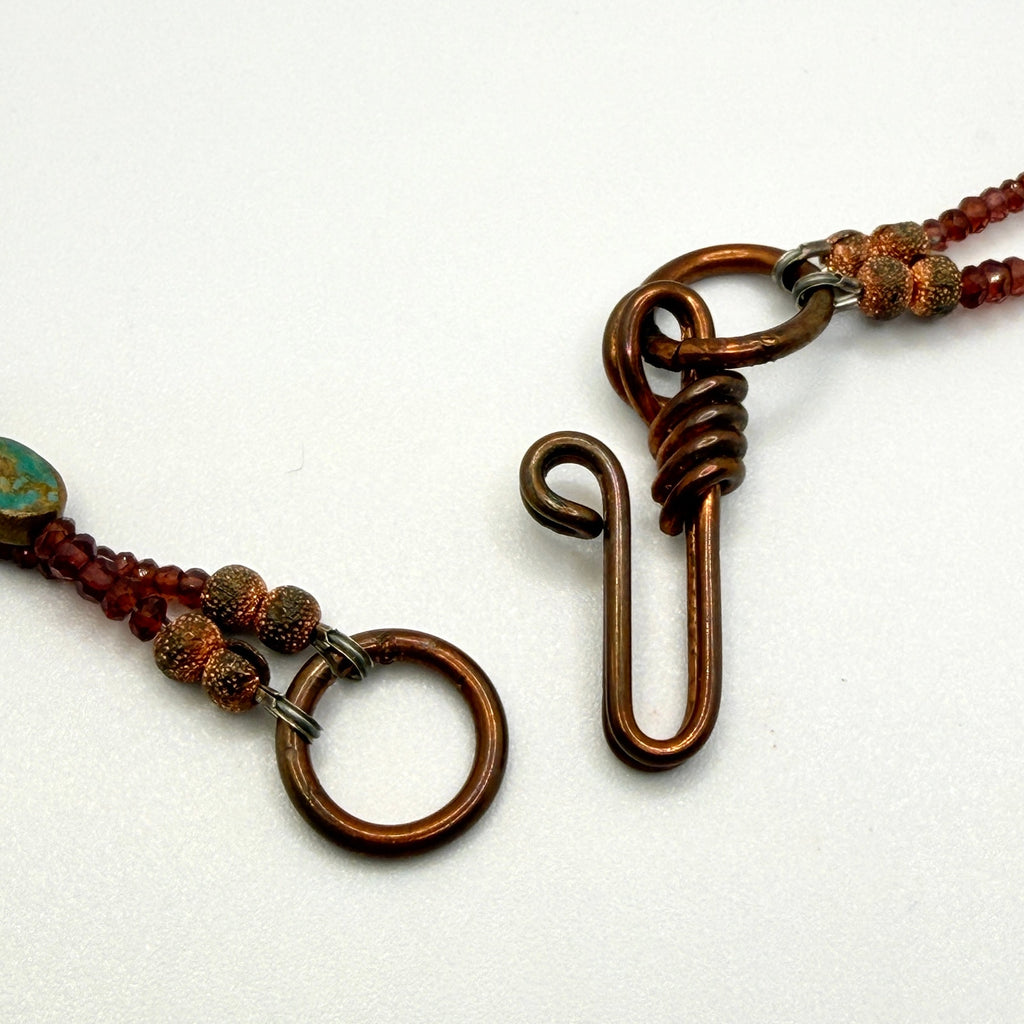 Vintage Turquoise Rubellite Double Strand Copper Hook Artisanal Necklace