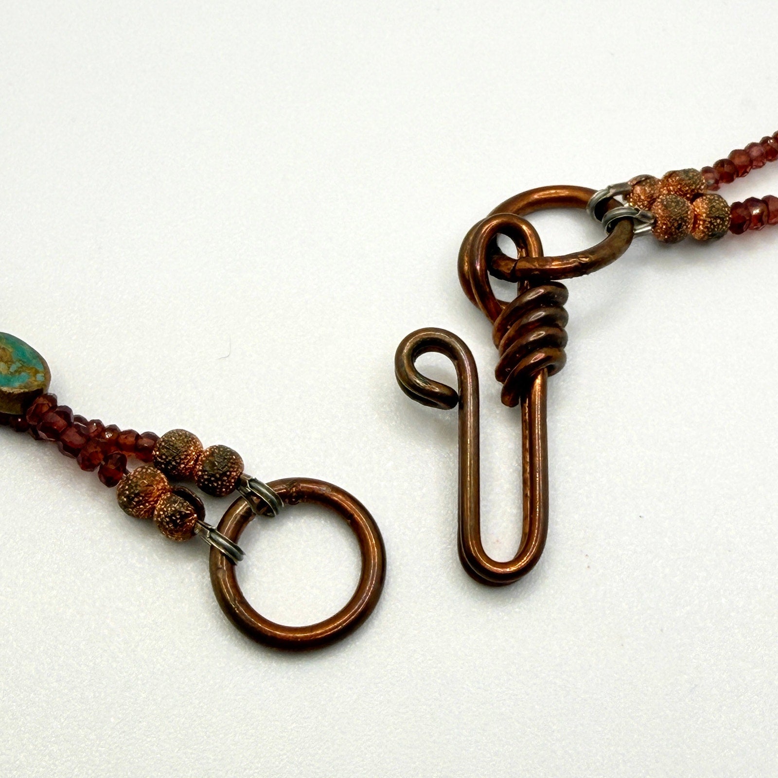 Vintage Turquoise Rubellite Double Strand Copper Hook Artisanal Necklace