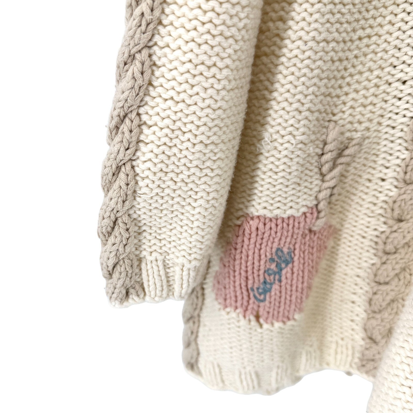 Vintage 90s Alice Collins Cream Cotton Botanical Embroidered Cable Knit Sweater