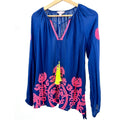 Lilly Pulitzer Navy Blue Pink Embroidered Tassel Peasant Blouse
