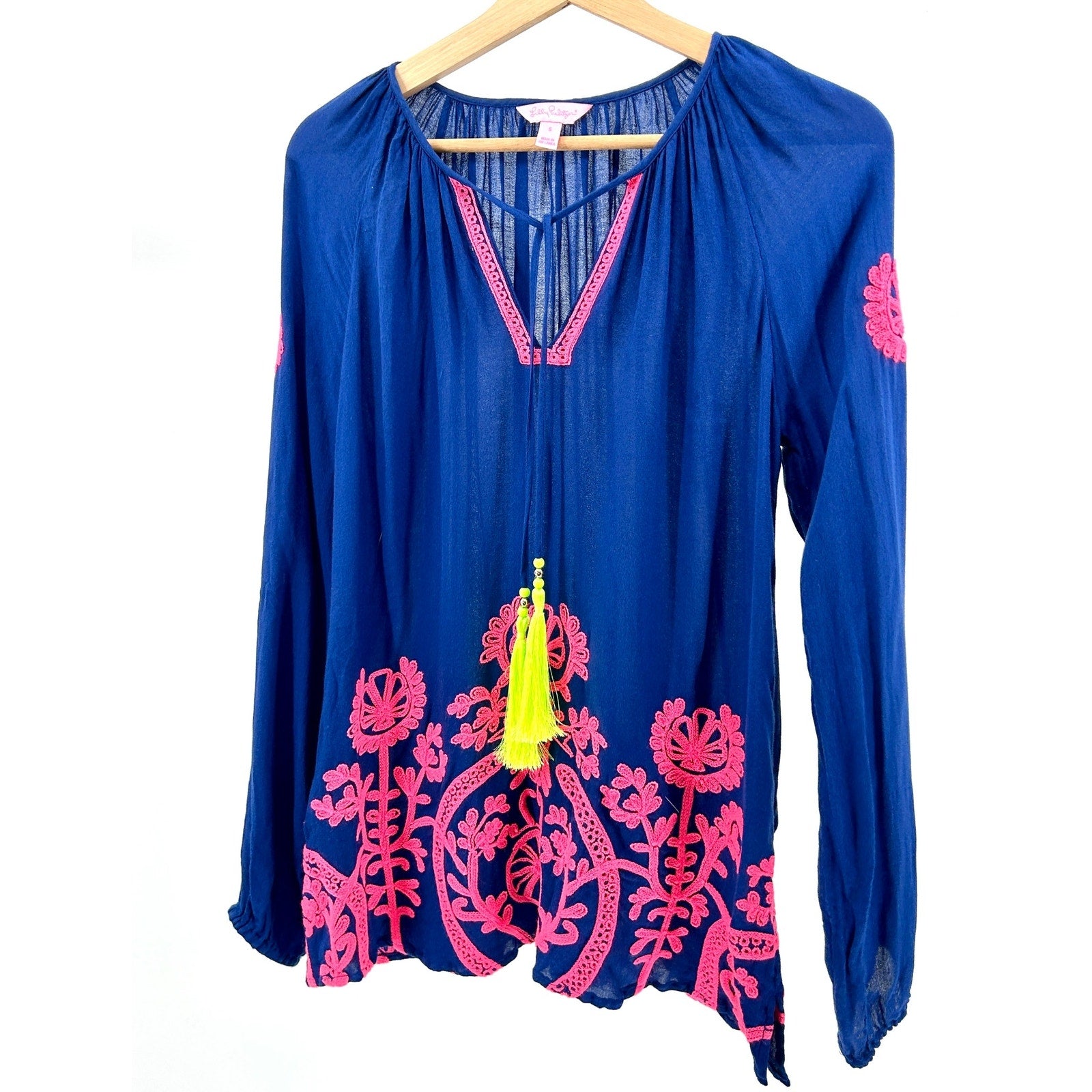 Lilly Pulitzer Navy Blue Pink Embroidered Tassel Peasant Blouse