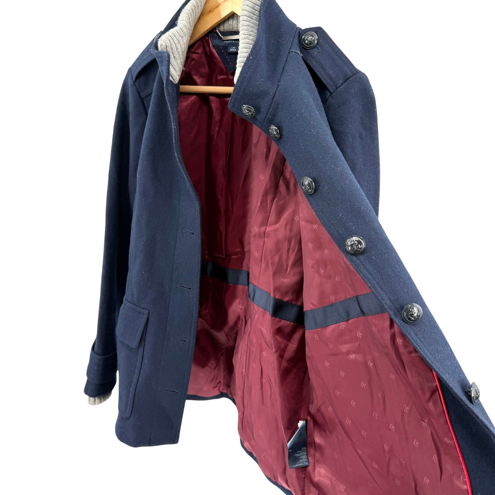 Tommy Hilfiger Navy Blue Grey Knit Trimmed Preppy Peacoat