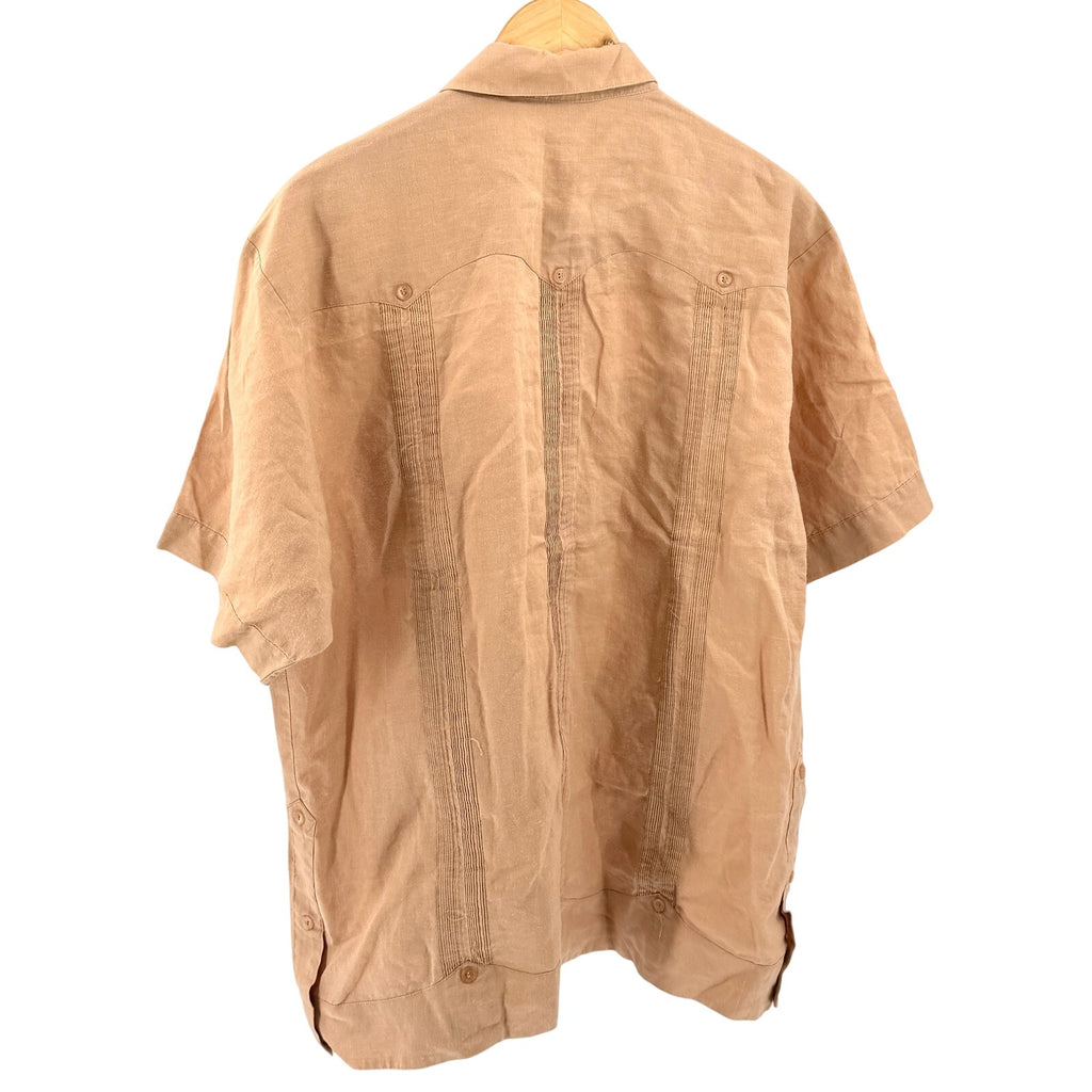 Vintage Y2K JMP Tan Pleated Four Pocket Short Sleeve Cuban Guayabera Shirt