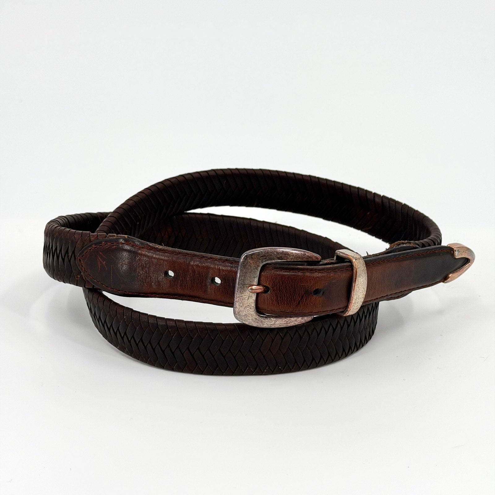 Vintage 90s Brown Genuine Leather Western Woven Silver Tip Belt