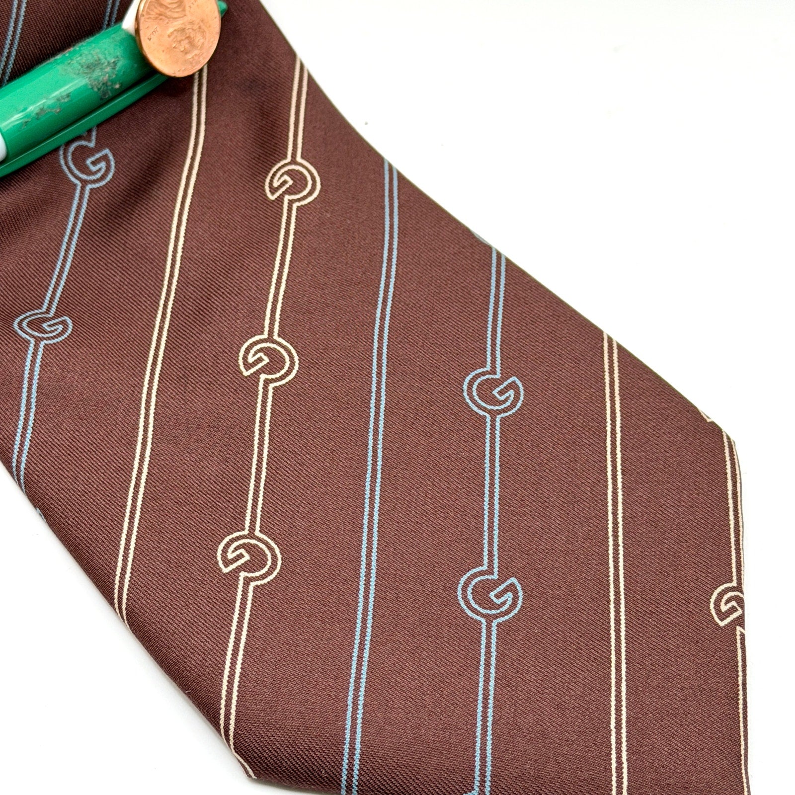 Vintage 80s Gucci Brown Silk GG Chain Link Print Necktie