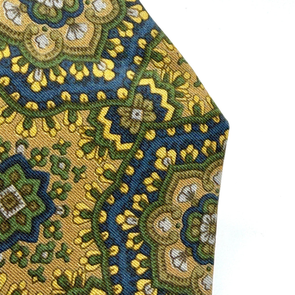 Vintage 90s Etro Green Navy Gold 100% Silk Paisley Skinny Luxury Tie