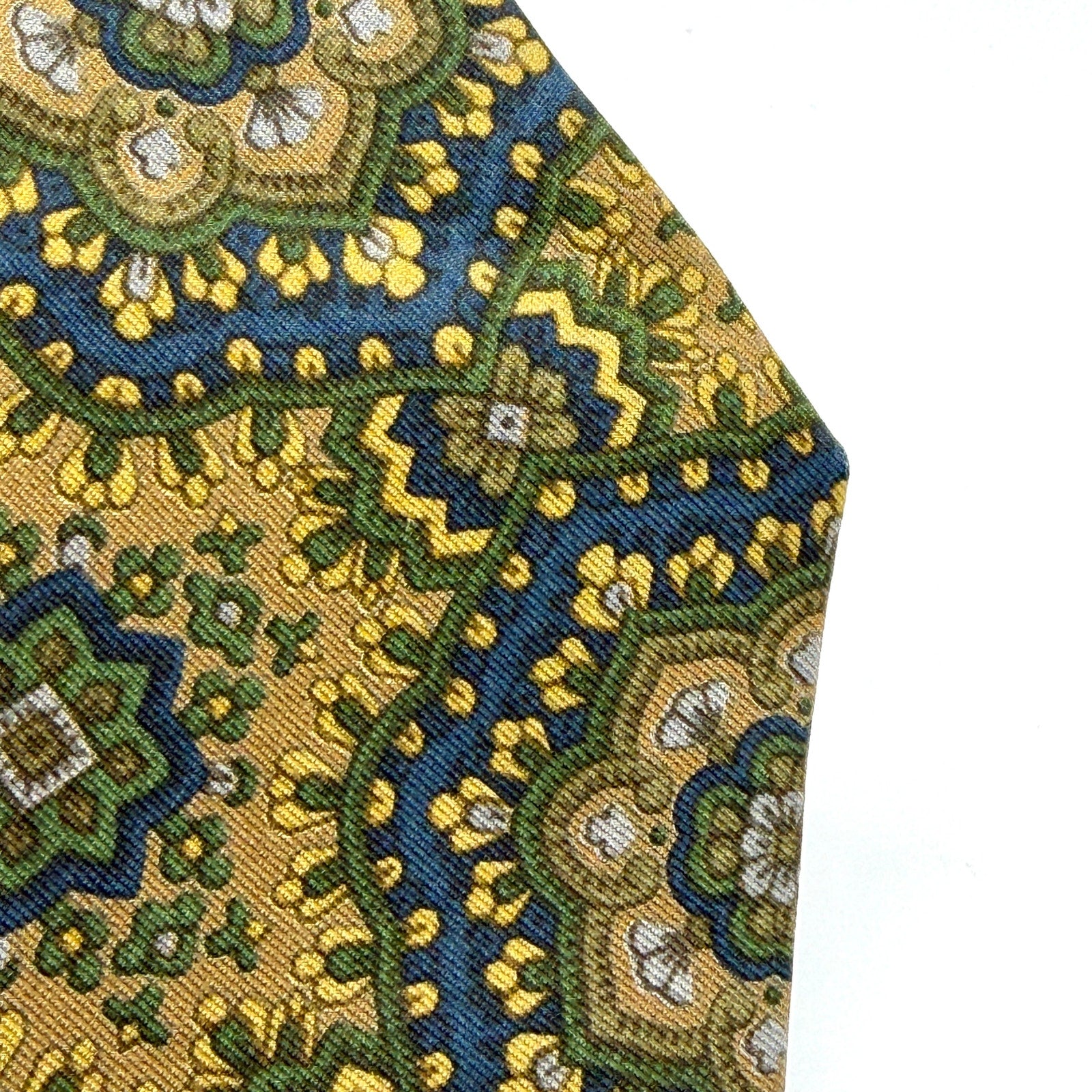 Vintage 90s Etro Green Navy Gold 100% Silk Paisley Skinny Luxury Tie