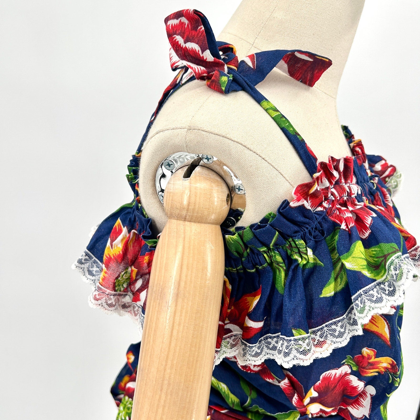 Vintage Navy Blue Floral Pin-Up Off-Shoulder Peasant Mini Dress