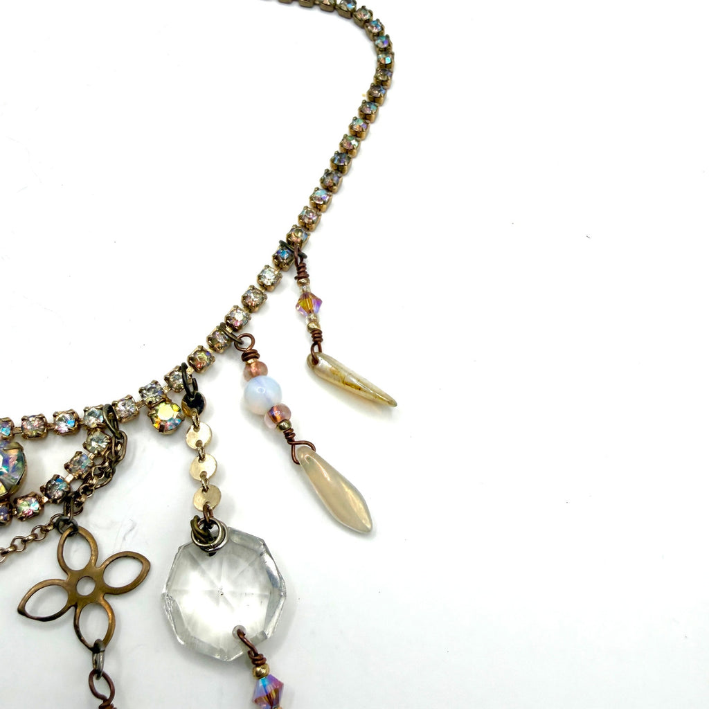 Vintage 70s Multi Gold Rhinestone Glass Bohemian Fringe Teardrop Bib Necklace