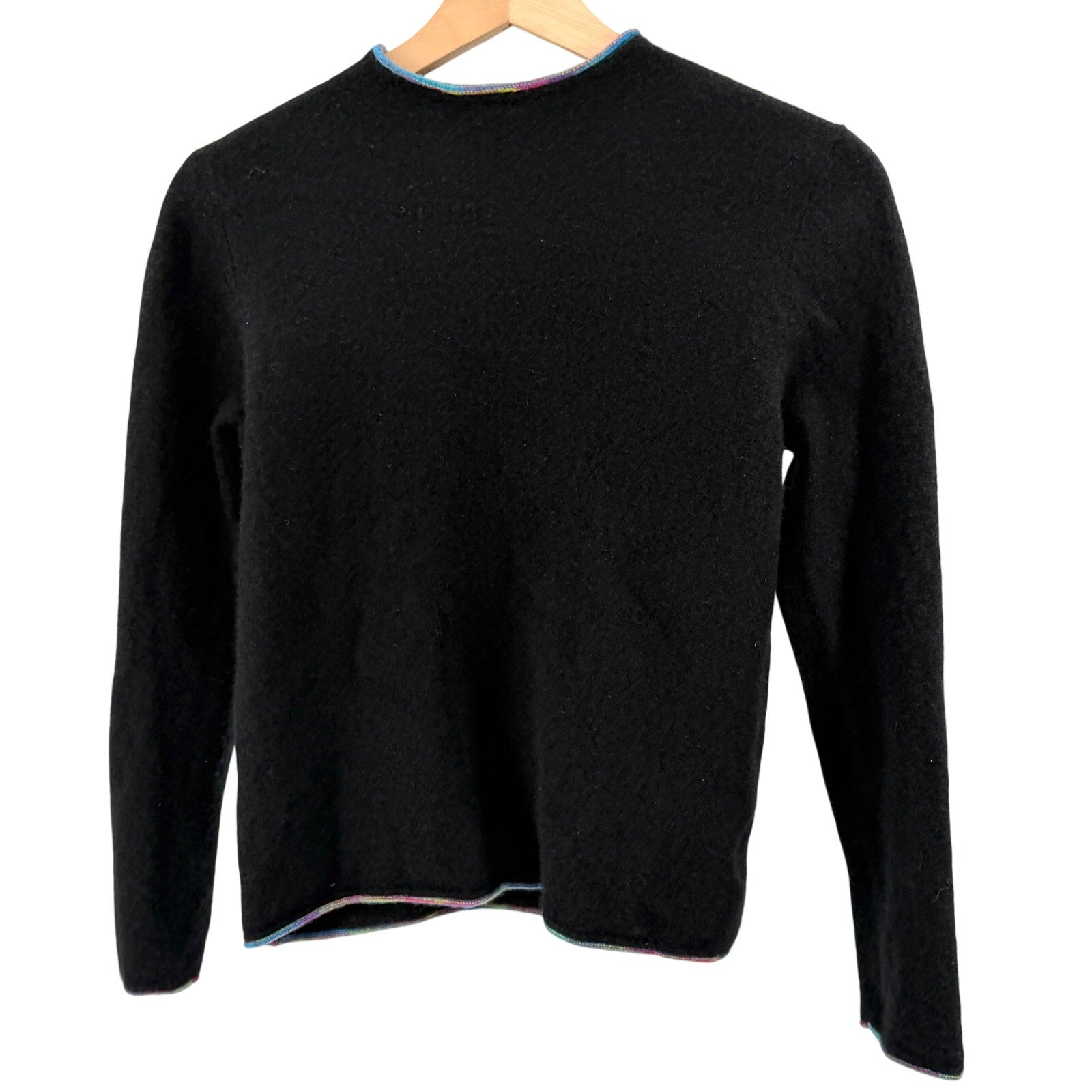 COMOBOCA Black 100% Cashmere Rainbow Trim Crewneck Sweater