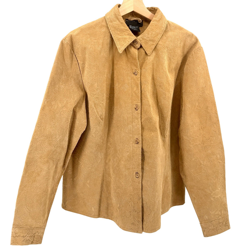 Vintage Y2K August Silk Tan Genuine Leather Suede Boho Floral Burnout Shacket