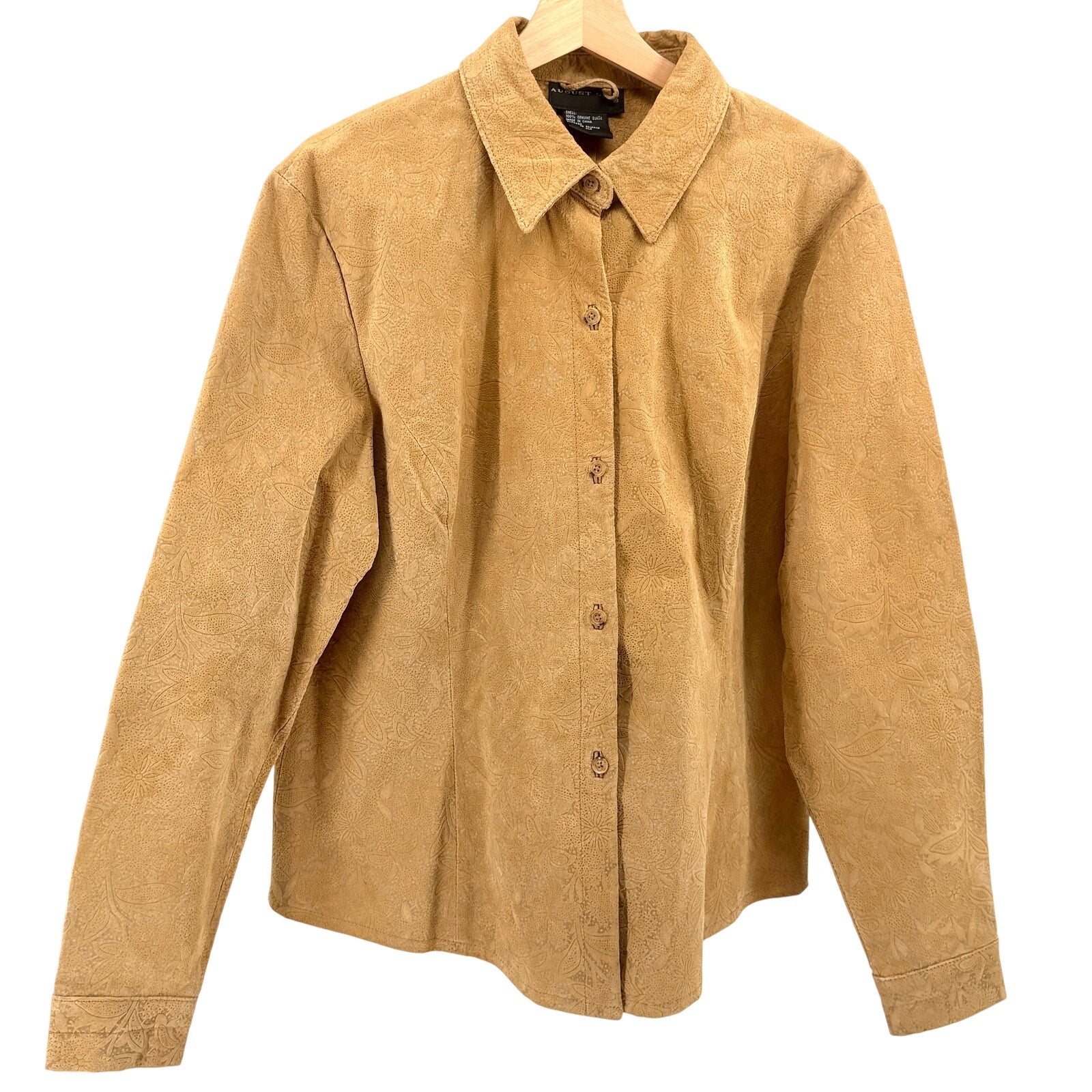 Vintage Y2K August Silk Tan Genuine Leather Suede Boho Floral Burnout Shacket