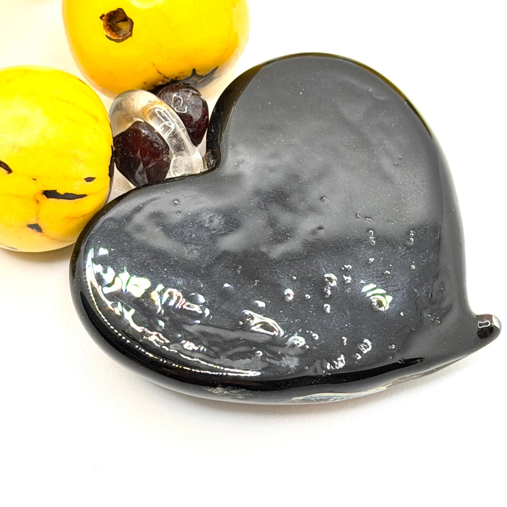 Vintage 90s Yellow Bombona Seed Boho Lampwork Glass Heart Toggle Necklace