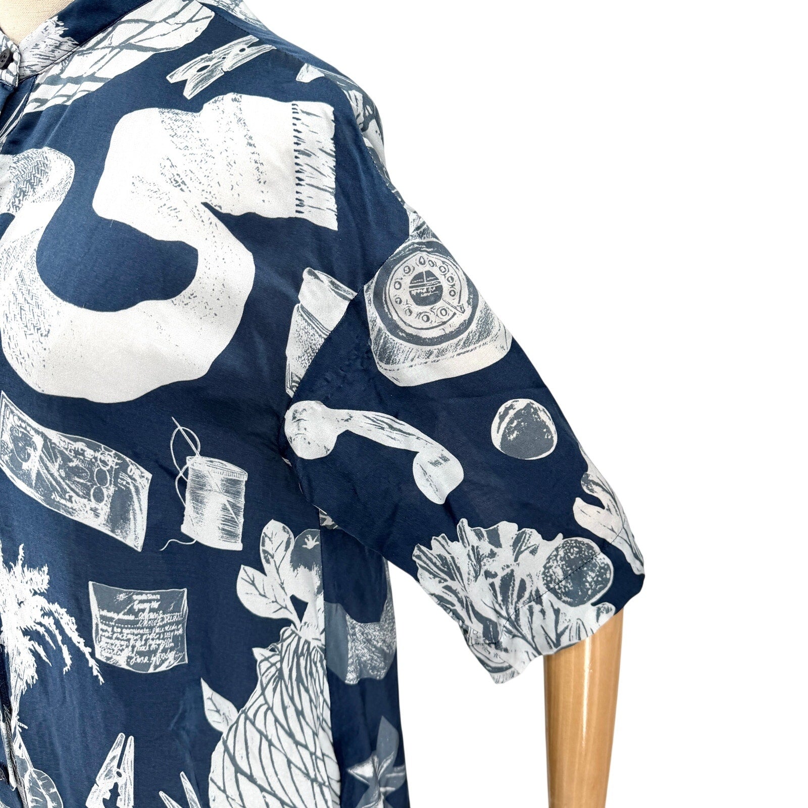 Gung Ho Indigo Blue British Motif Silk Blend Shirt Midi Dress