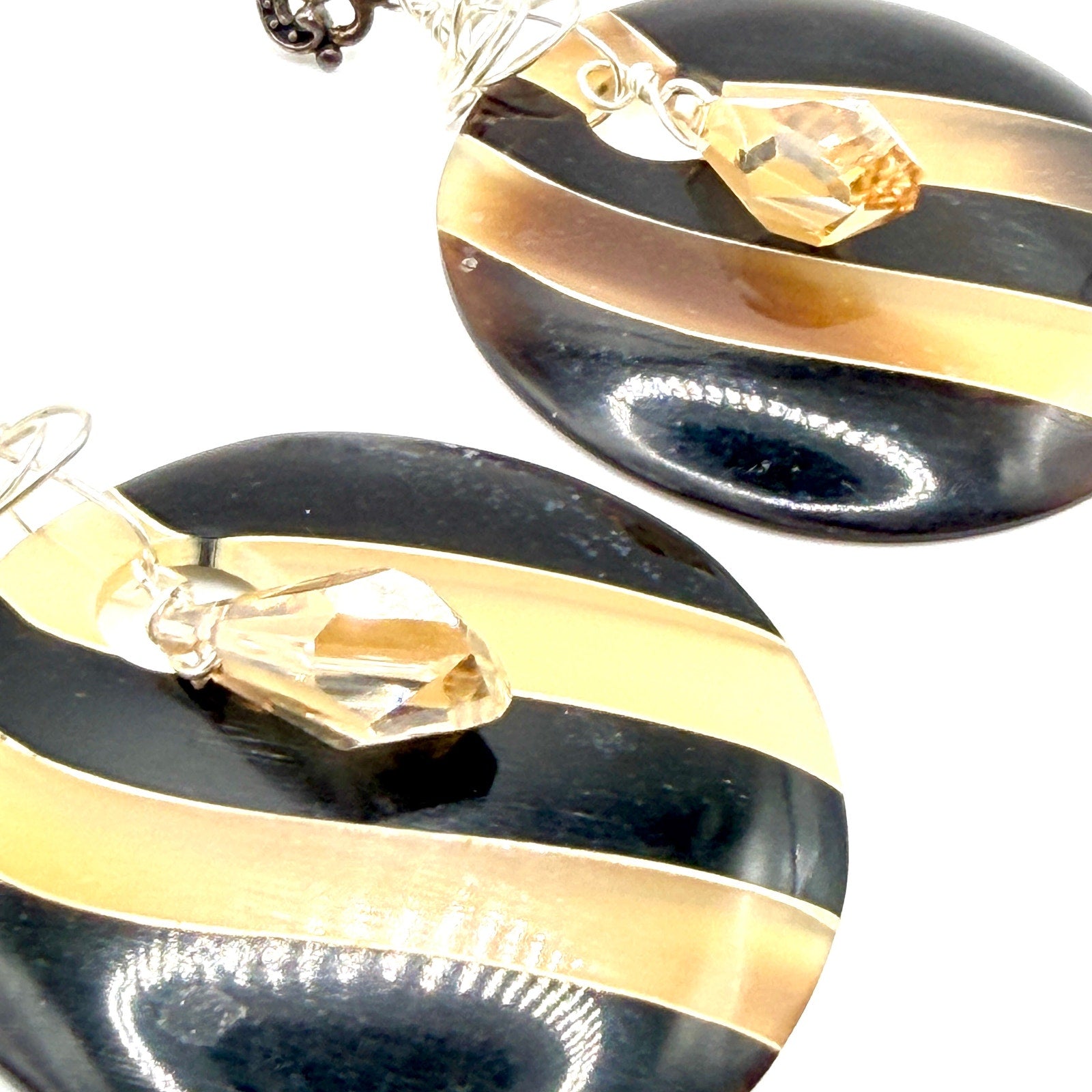 Vintage 90s Sterling Silver Black Tan Striped Resin Tribal Maximal Drop Earrings