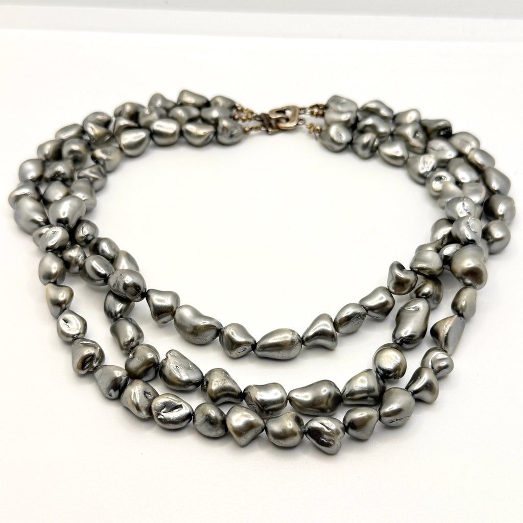 Vintage 90s Signed SJC Stamped 925 Sterling Grey Pearl Triple Strand Necklace
