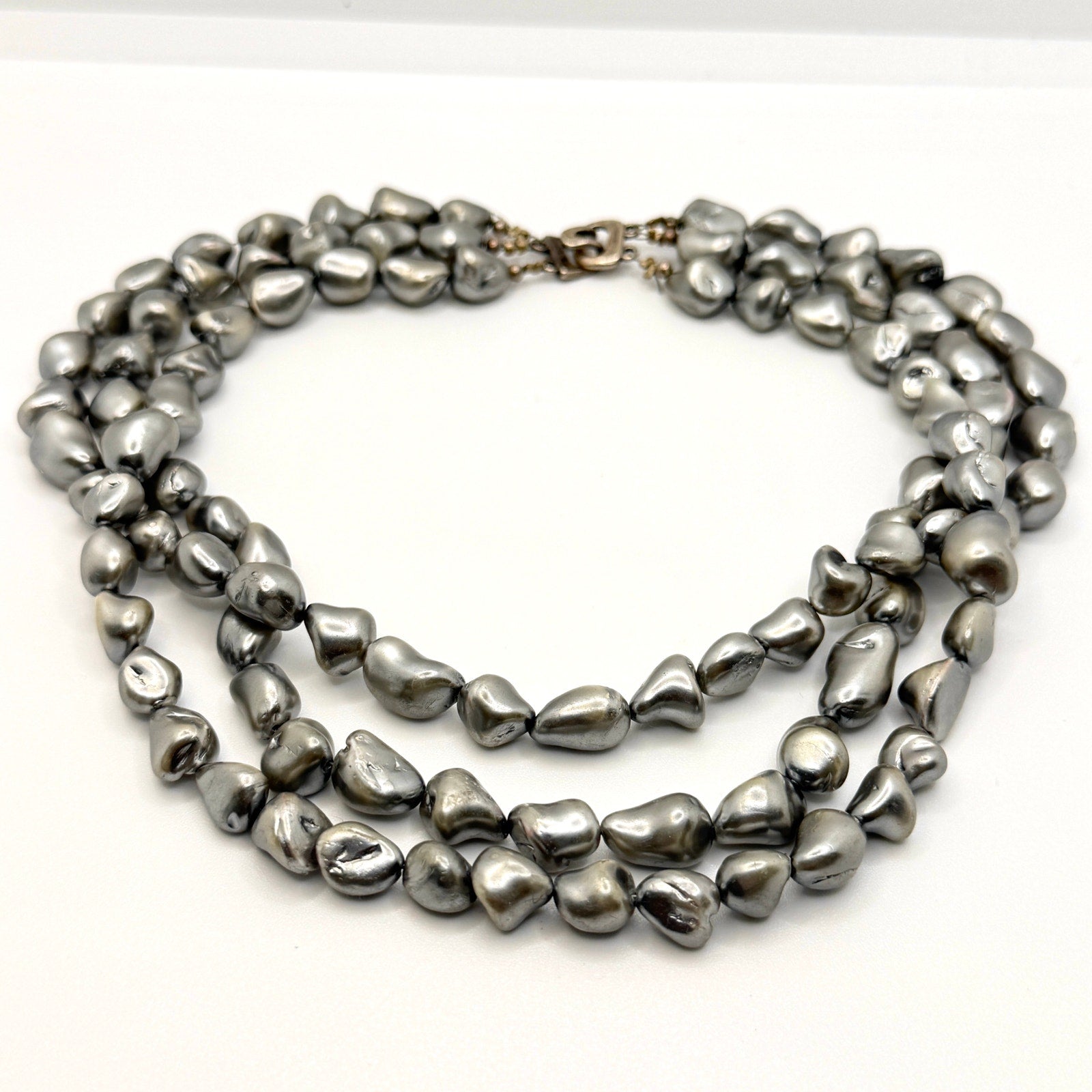 Vintage 90s Signed SJC Stamped 925 Sterling Grey Pearl Triple Strand Necklace