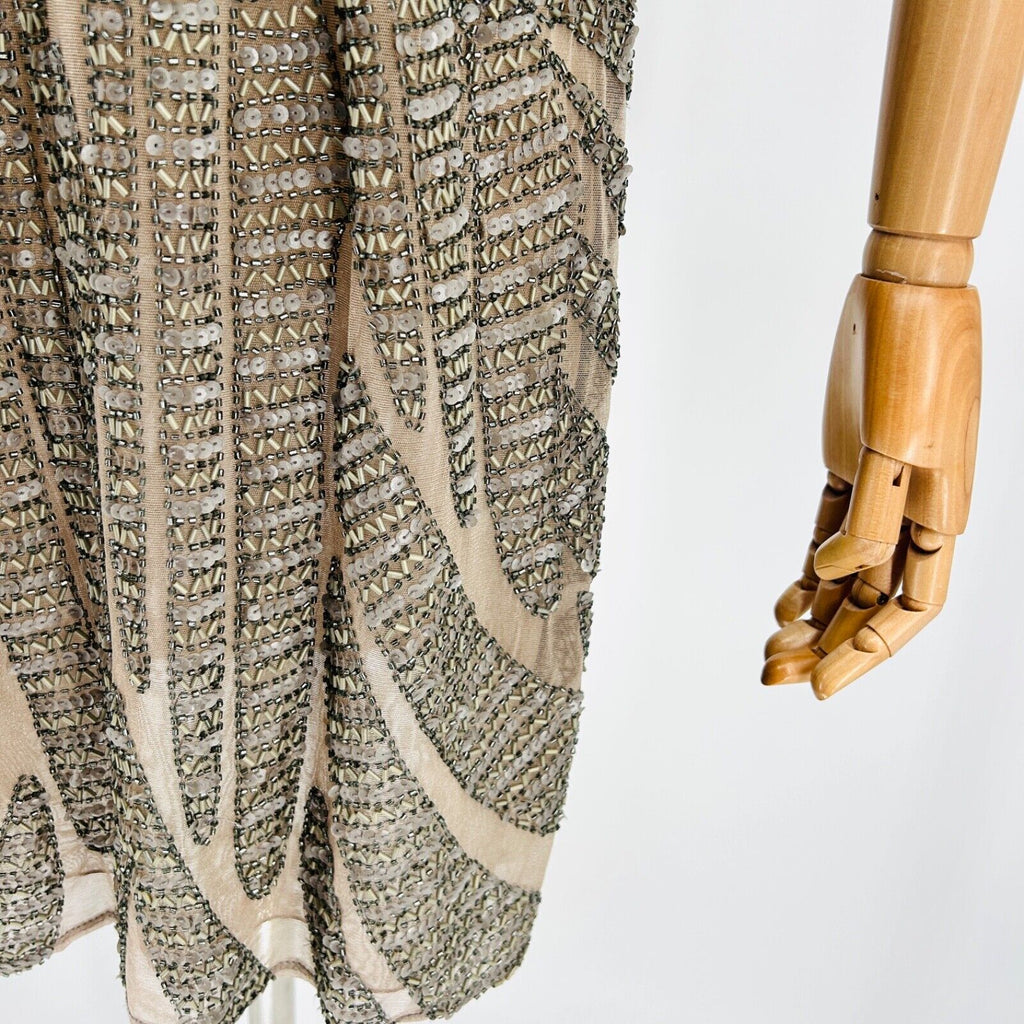 Vintage Y2K Farah Khan Beige Silver Beaded Sequin Bodycon Cocktail Dress