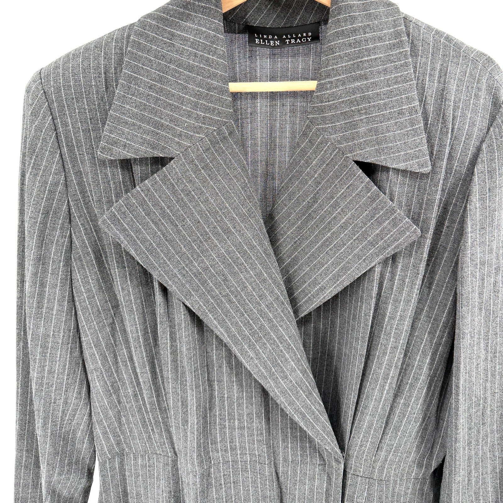 Vintage 90s Linda Allard Ellen Tracy Gray Pinstripe Wrap Maxi Dress Coat