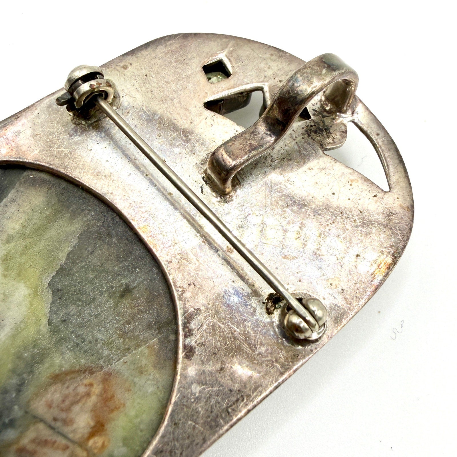 Vintage Massive Sterling Silver Green Serpentine Peridot Brooch Pendant
