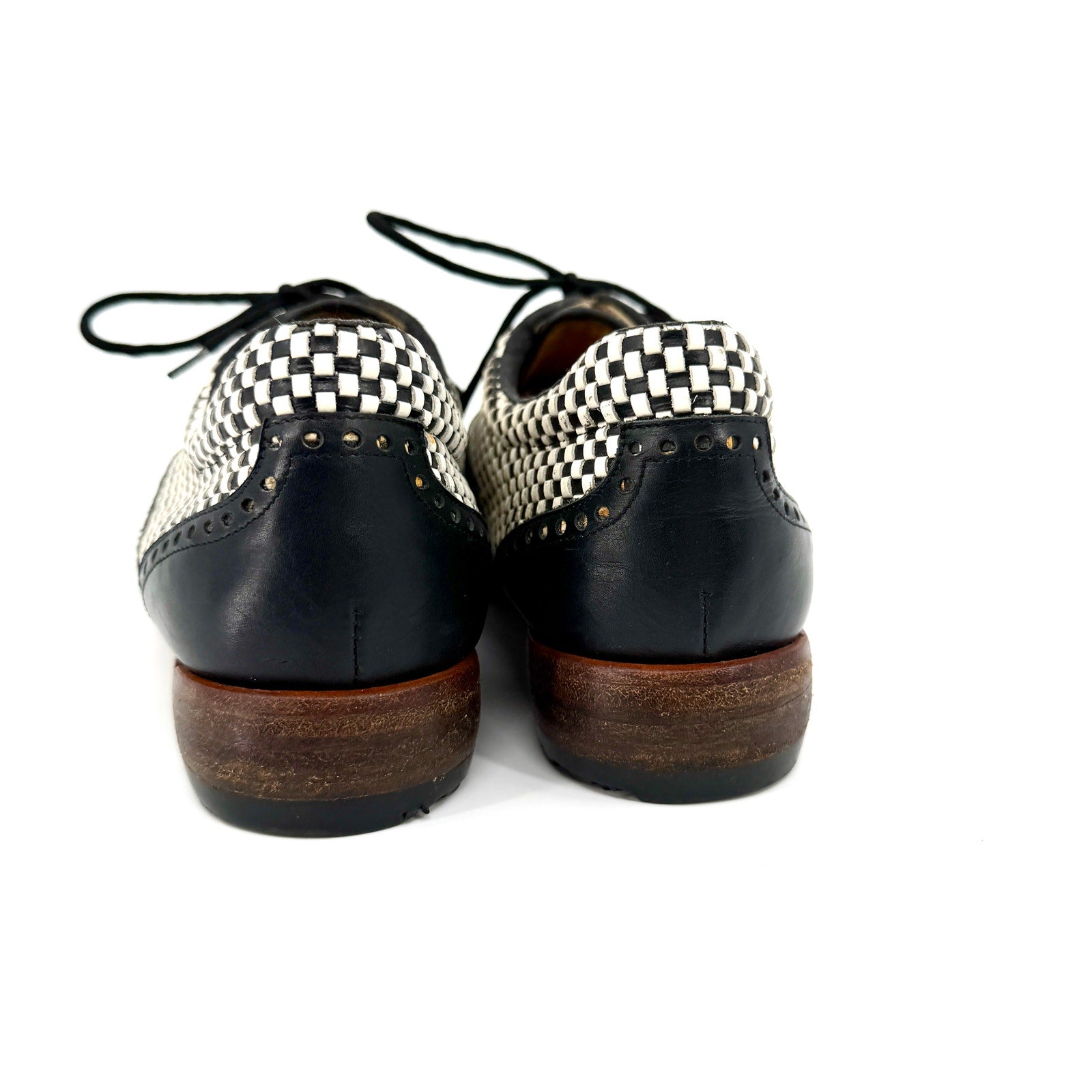 Vintage 90s Walter Genuin Black White Woven Leather Wingtip Golf Shoes