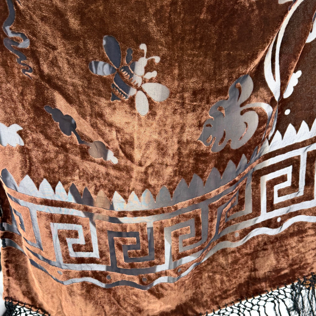 Vintage Y2K Boho Brown Velvet Black Burnout Grape Leaf Fringe Scarf