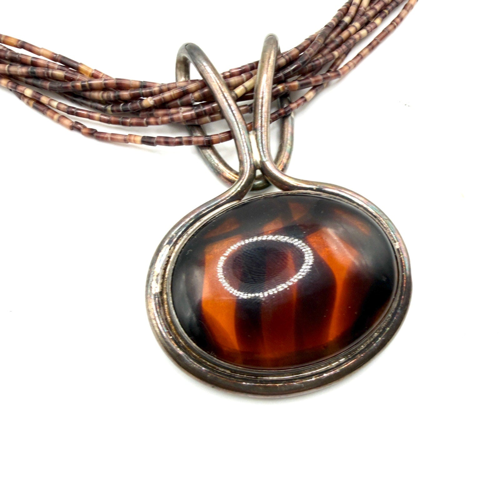 Vintage 70s Sterling Silver Brown Shell Heishi Agate Slide Statement Necklace