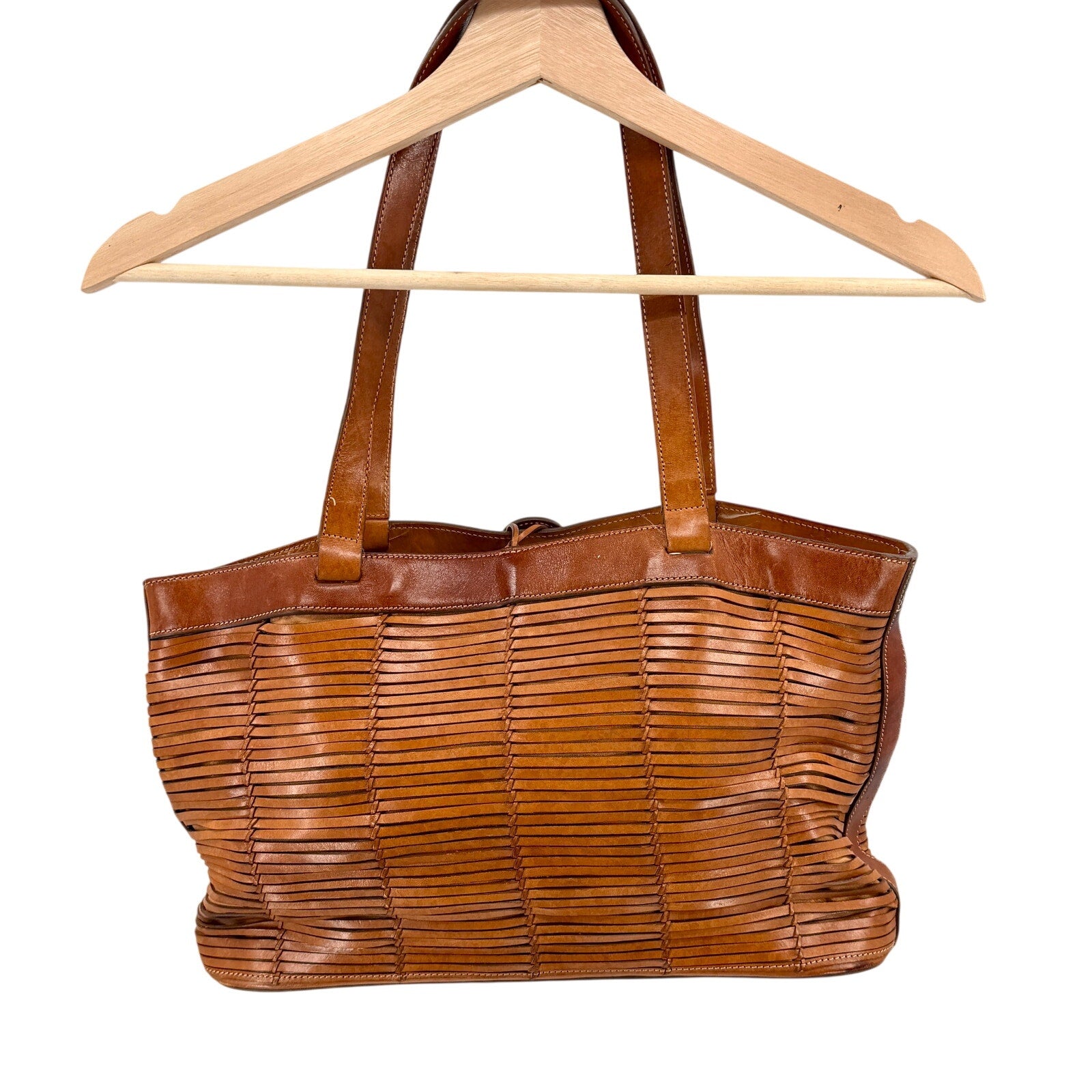 Vintage Y2K Me Too Cognac Genuine Leather Woven Structured Tote