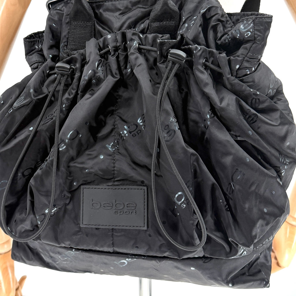 Vintage Y2K Bebe Sport Black Satin Logo Print Bungee Backpack