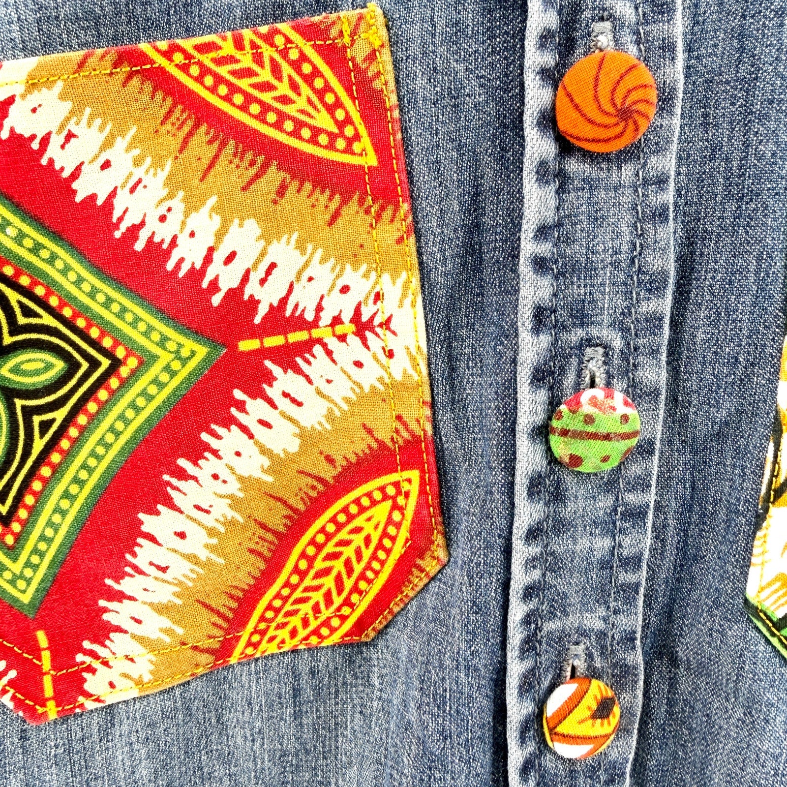 Vintage 90s Custom Denim Patchwork African Wax Print Long Sleeve Shirt