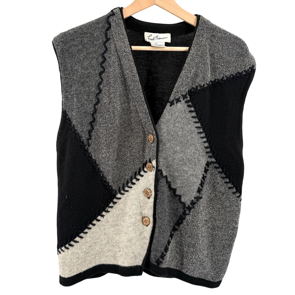 Vintage 90s Fred Thomas Black Gray Patchwork Stitch Mens Lambswool Sweater Vest
