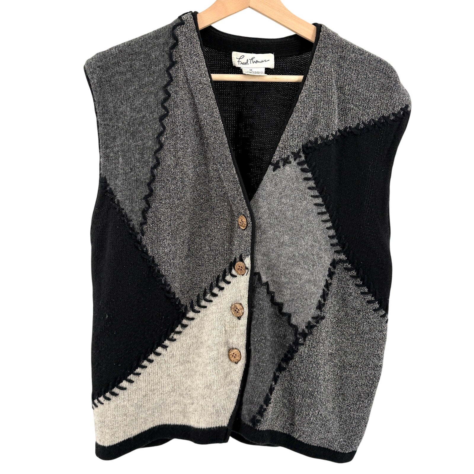 Vintage 90s Fred Thomas Black Gray Patchwork Stitch Mens Lambswool Sweater Vest