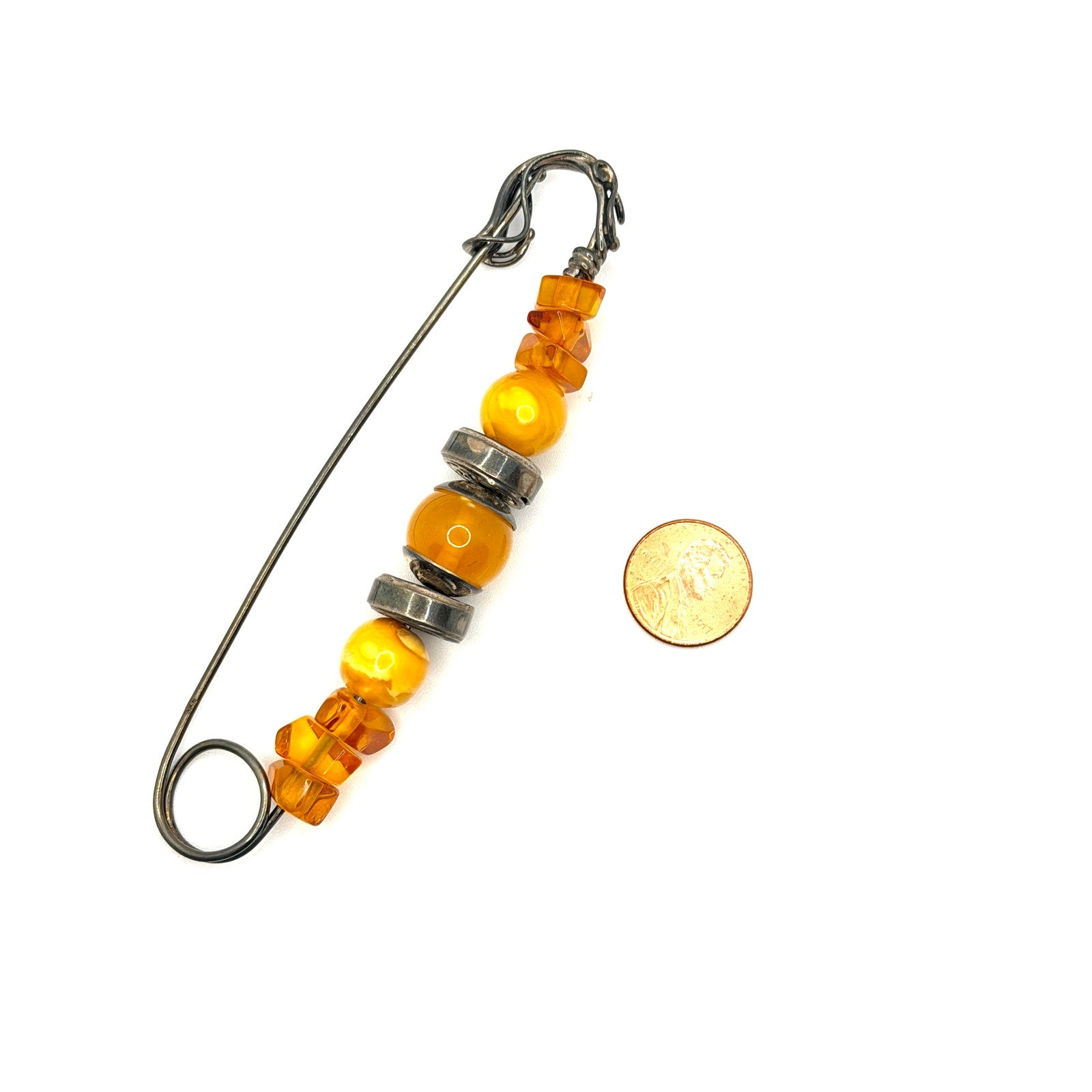Vintage Stamped Sterling Silver Butterscotch Amber Artisan Kilt Pin Brooch