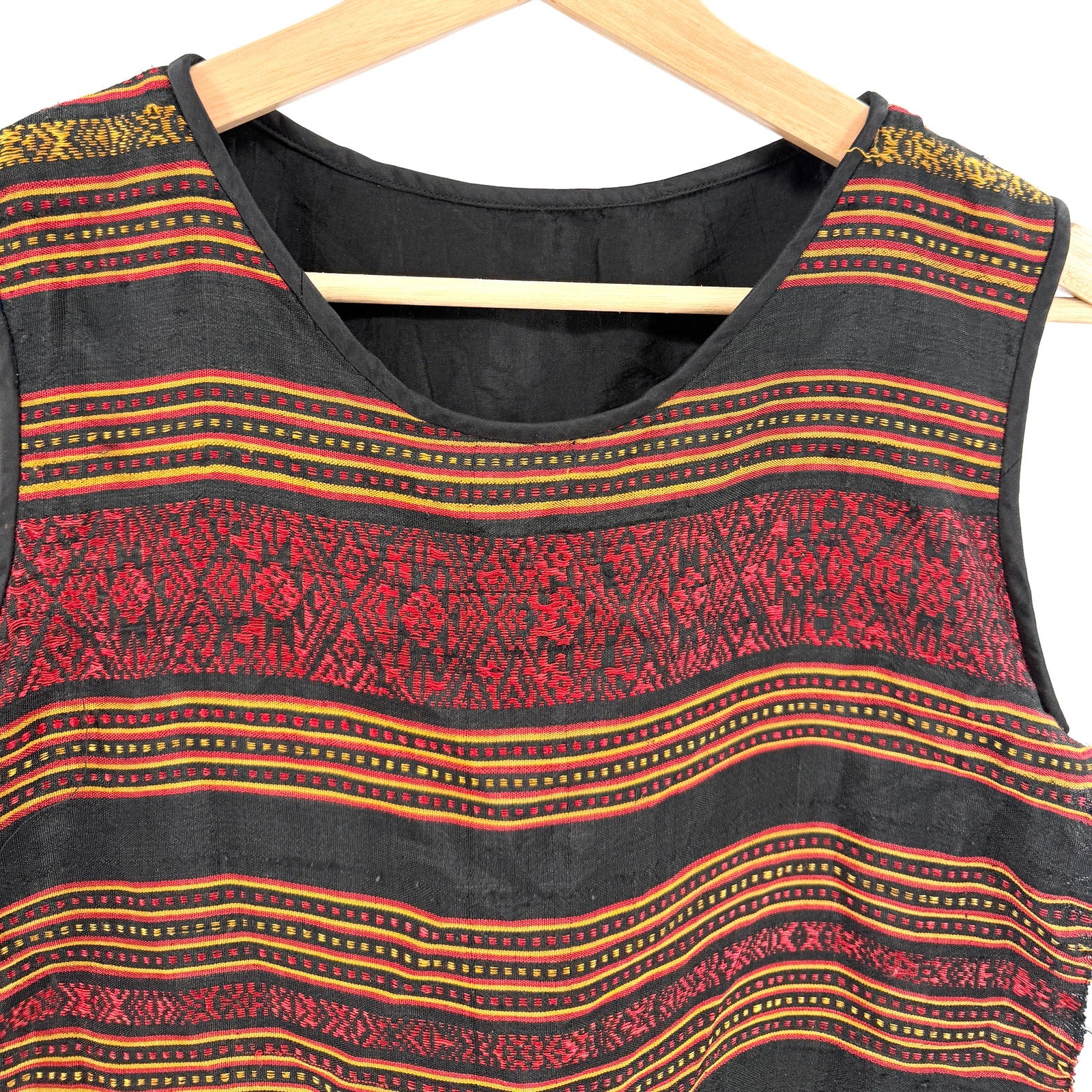 Vintage 90s Black Red Gold 100% Silk Tribal Woven Overlay Side Tie Shift Dress