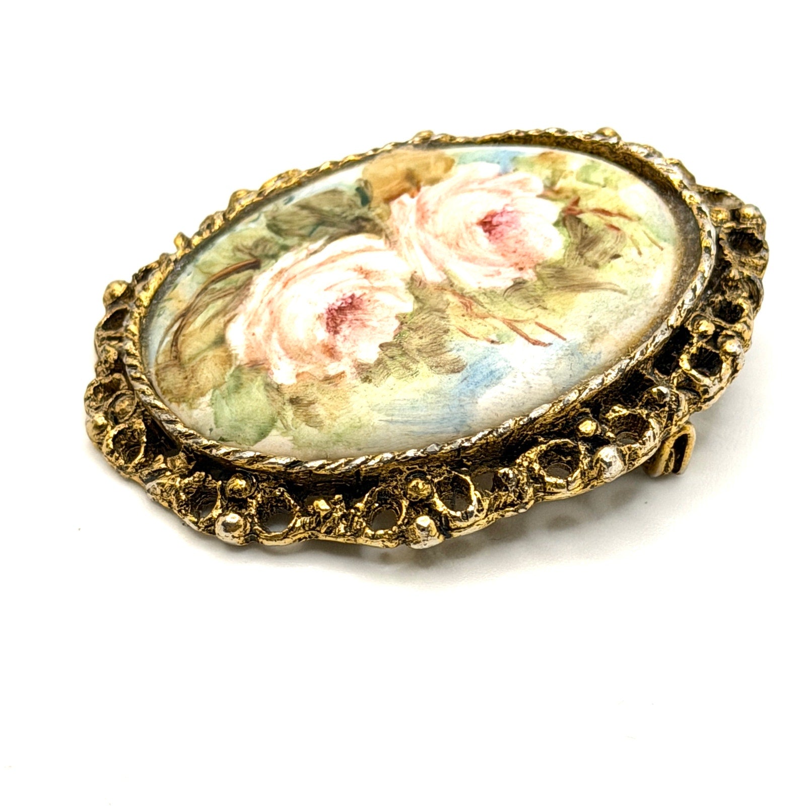 Vintage 60s Artist Signed Floral Porcelain Romantic Hand Painted Brooch