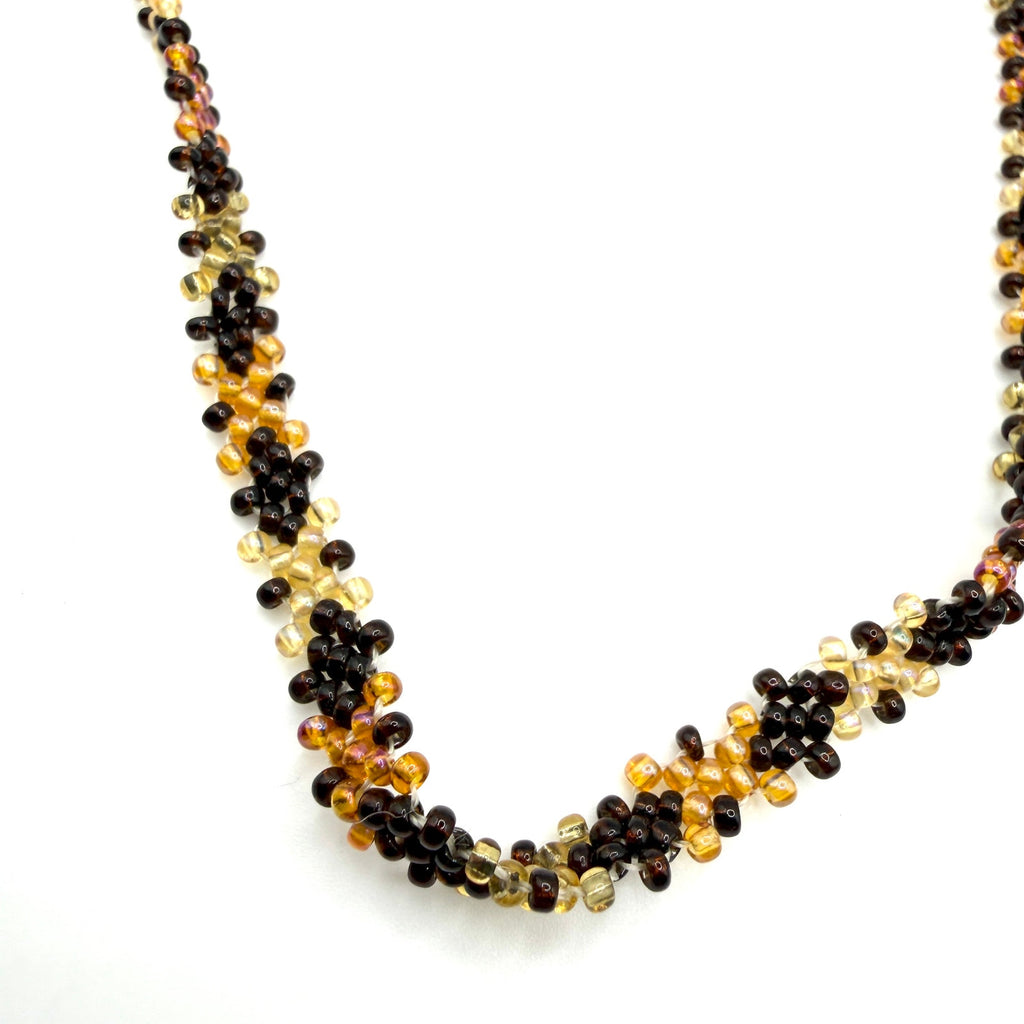 Vintage 90s Boho Bronze Gold Hand Beaded Glass Seed Bead Amulet Pouch Necklace