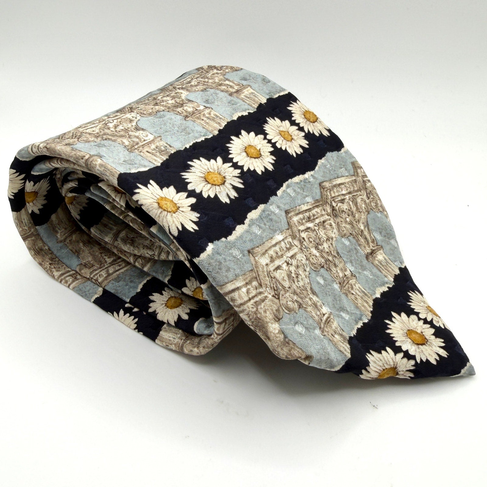 Vintage 90s Structure Blue Silk Architectural Column Daisy Necktie