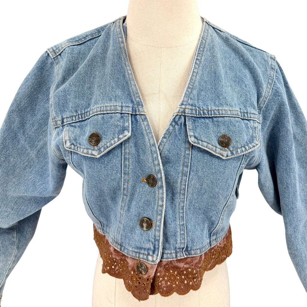 Vintage 90s Switch Blue 100% Cotton Cropped Brown Lace Trim Denim Jacket