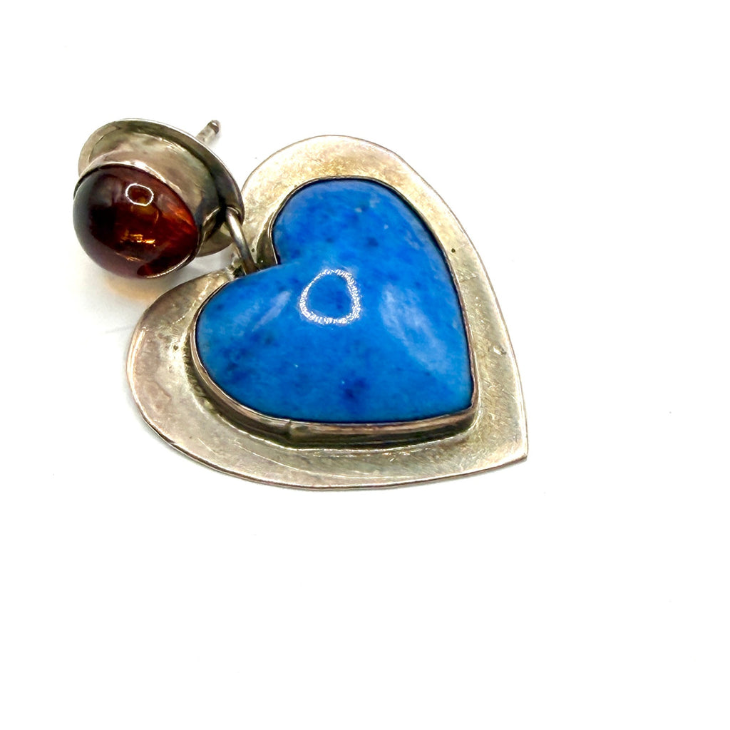 Vintage 90s Jason Livingston Signed Sterling Silver Lapis Amber Heart Earrings