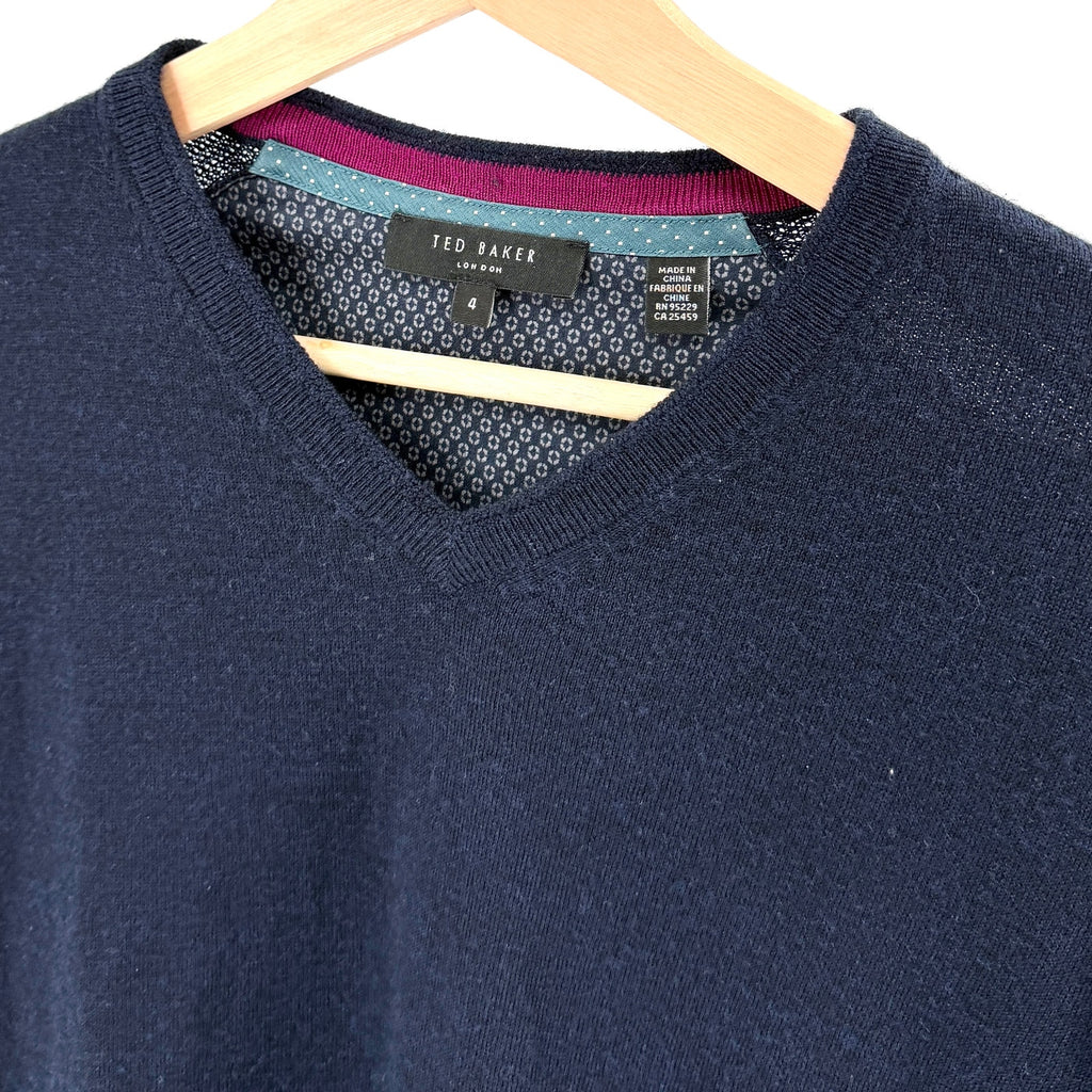Ted Baker Navy Blue 100% Merino Wool Minimalist V-Neck Sweater