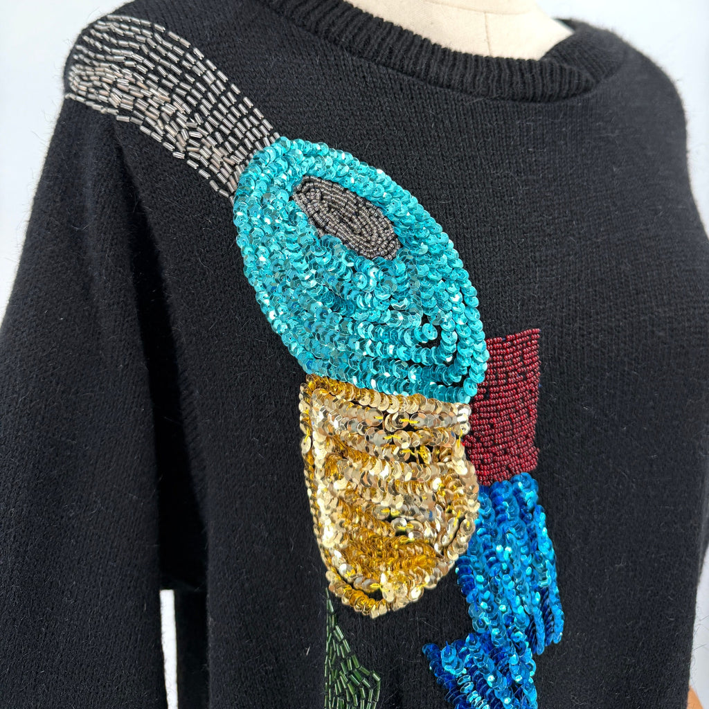 Vintage 80s A'Milano Black Abstract Sequin Beaded New Wave Sweater Dress