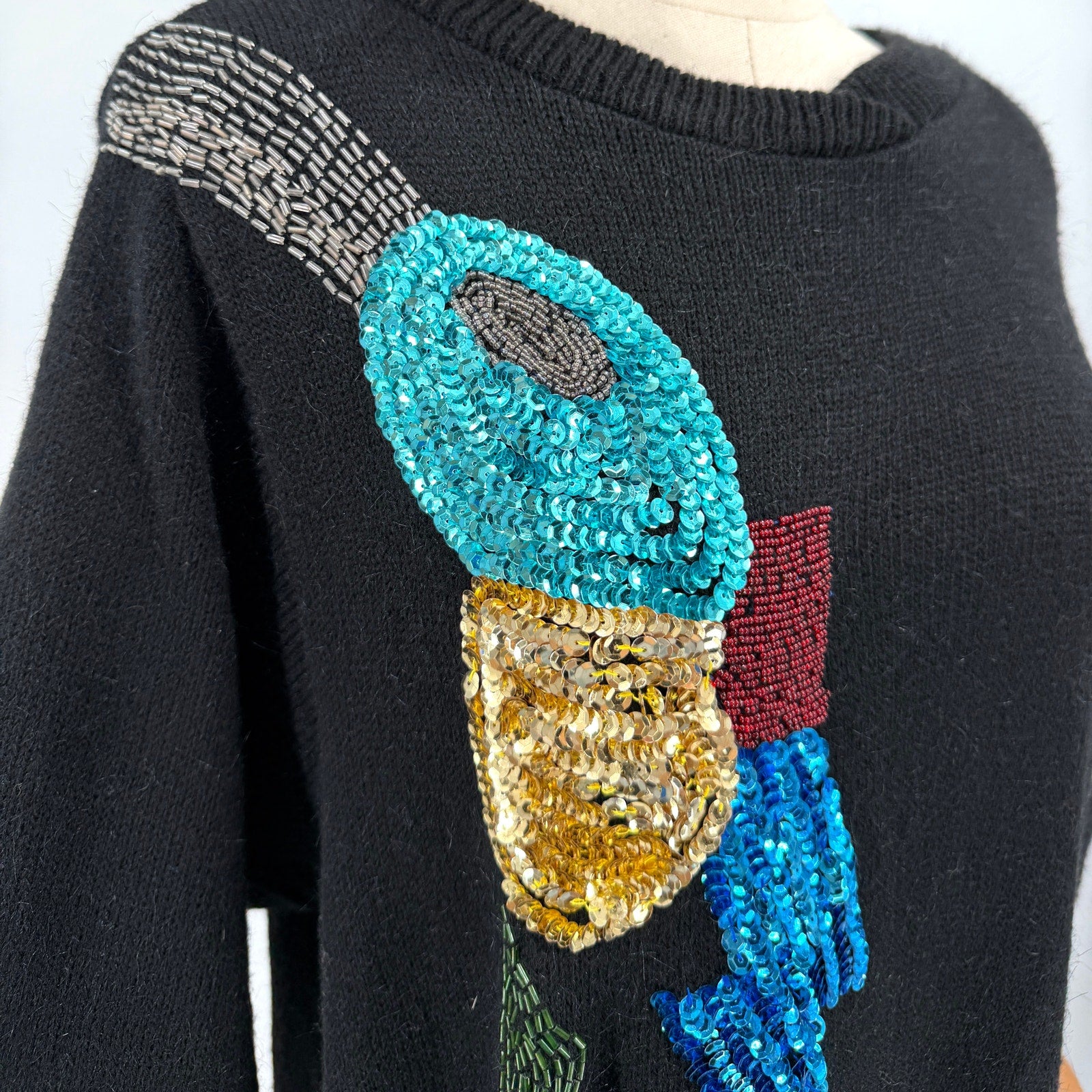 Vintage 80s A'Milano Black Abstract Sequin Beaded New Wave Sweater Dress